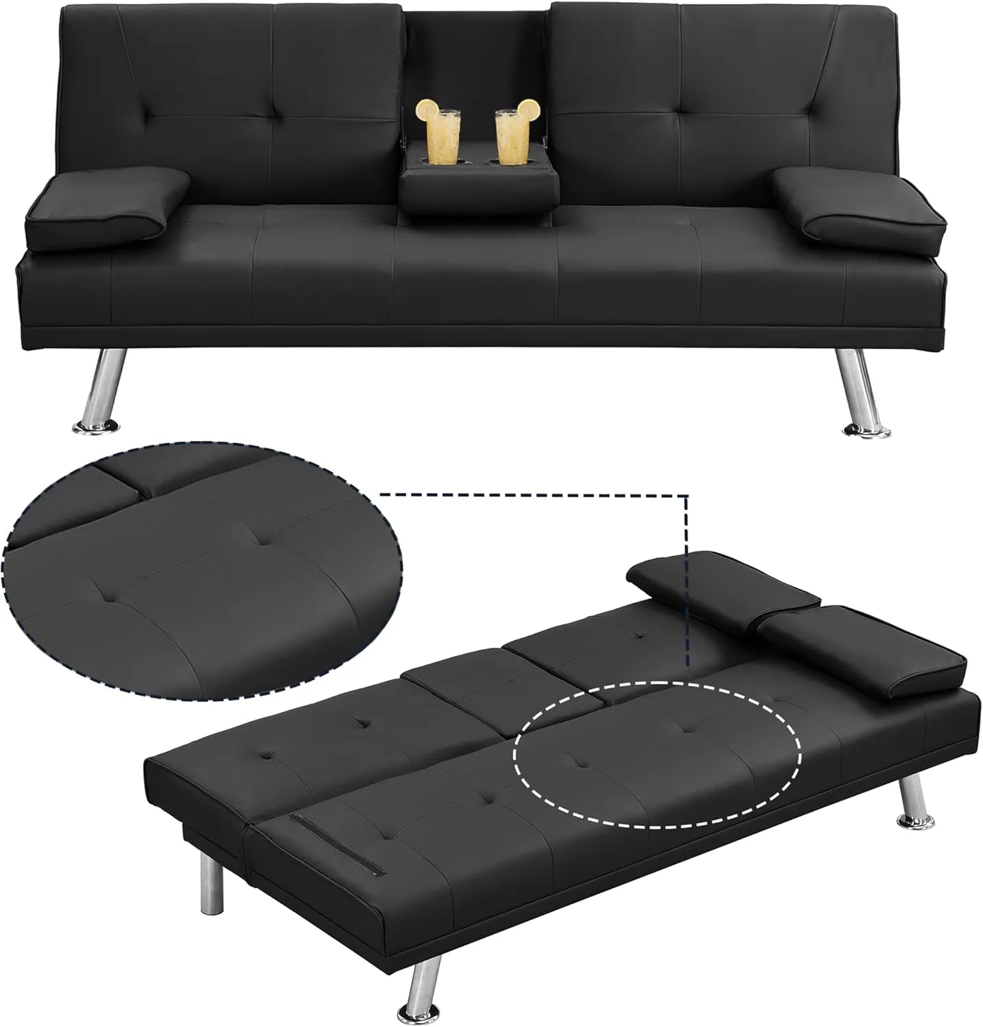 Futon Sofa Bed Modern Folding Couch for Small Space, Faux Leather Convertible Loveseat Sleeper Bed Daybed Recliner Lounge Sofas for Living Room,2 Cup Holders,Metal Legs,Removable Armrests (Black)
