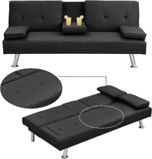 Futon Sofa Bed Modern Folding Couch for Small Space, Faux Leather Convertible Loveseat Sleeper Bed Daybed Recliner Lounge Sofas for Living Room,2 Cup Holders,Metal Legs,Removable Armrests (Black)