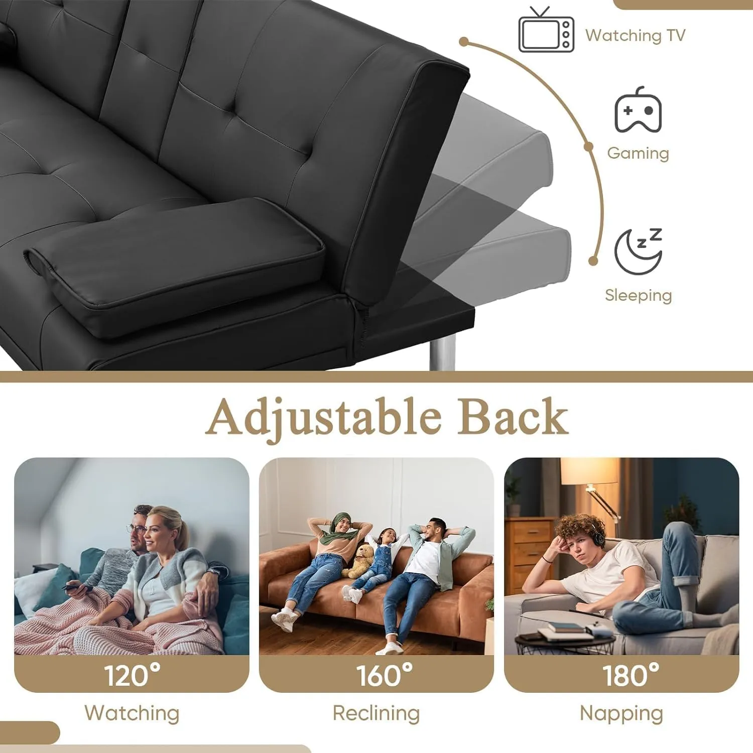 Futon Sofa Bed Modern Folding Couch for Small Space, Faux Leather Convertible Loveseat Sleeper Bed Daybed Recliner Lounge Sofas for Living Room,2 Cup Holders,Metal Legs,Removable Armrests (Black)