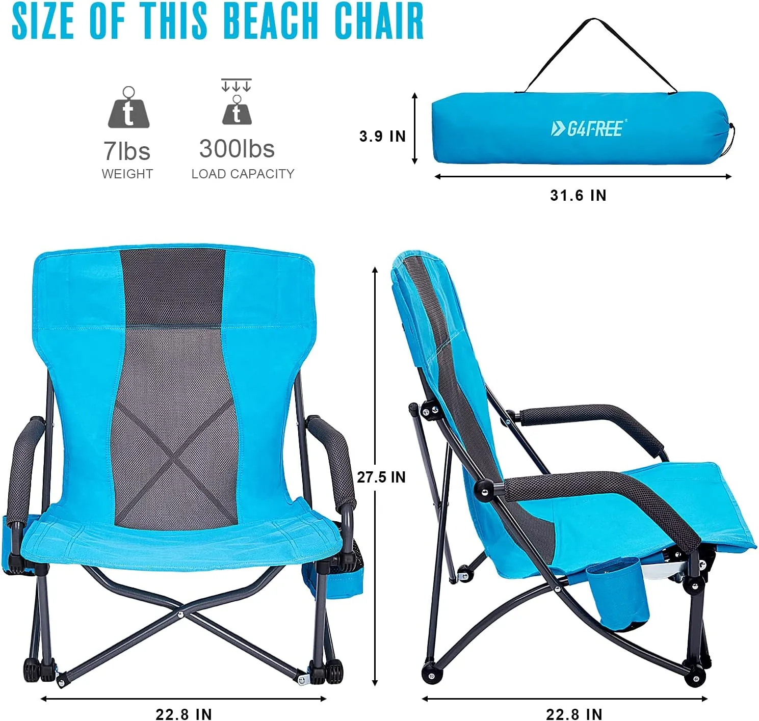G4Free Low Sling Folding Beach Camping Chairs Compact Concert Lumbar Back Support with Carry Bag Blue