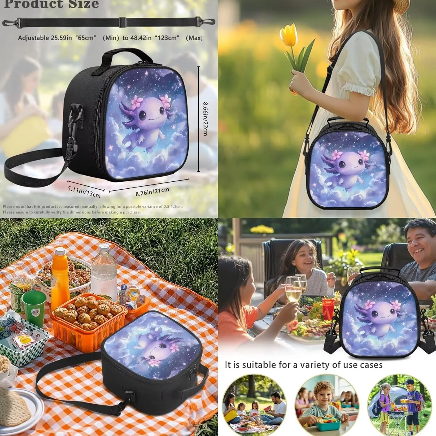 Galaxy Axolotl Kawaii Backpack for School Girls 5th Grade Portable Girls Bookbag with Lunch Box and Pencil Case 4 Pcs Set Backpacks for Middle School Shoulder Bags for Sports Travel