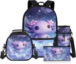 Galaxy Axolotl Kawaii Backpack for School Girls 5th Grade Portable Girls Bookbag with Lunch Box and Pencil Case 4 Pcs Set Backpacks for Middle School Shoulder Bags for Sports Travel