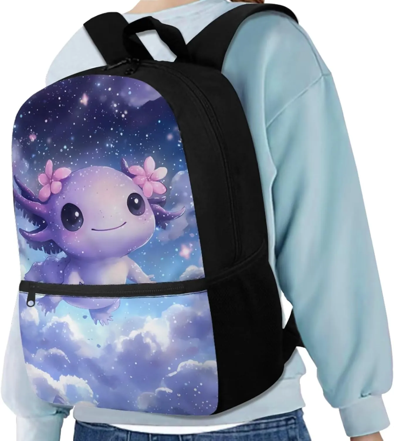Galaxy Axolotl Kawaii Backpack for School Girls 5th Grade Portable Girls Bookbag with Lunch Box and Pencil Case 4 Pcs Set Backpacks for Middle School Shoulder Bags for Sports Travel