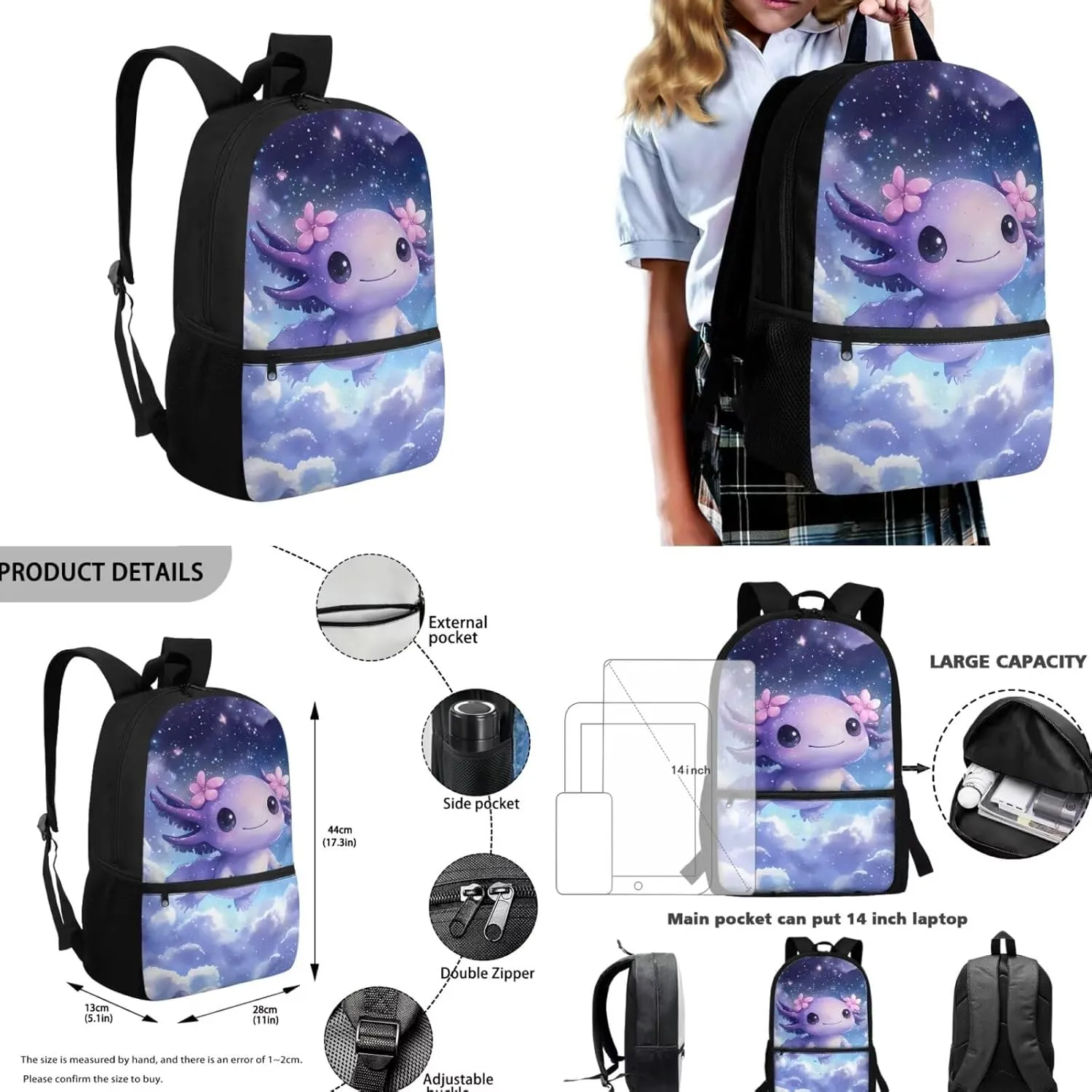 Galaxy Axolotl Kawaii Backpack for School Girls 5th Grade Portable Girls Bookbag with Lunch Box and Pencil Case 4 Pcs Set Backpacks for Middle School Shoulder Bags for Sports Travel