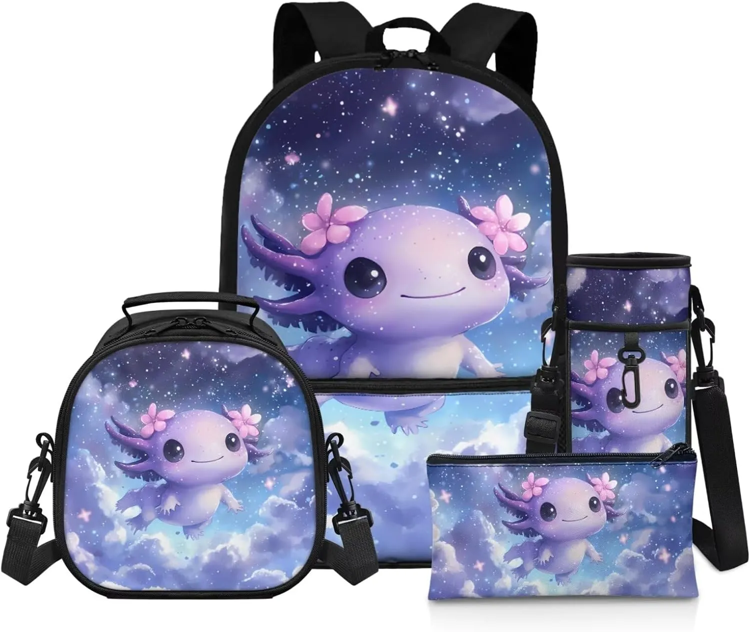 Galaxy Axolotl Kawaii Backpack for School Girls 5th Grade Portable Girls Bookbag with Lunch Box and Pencil Case 4 Pcs Set Backpacks for Middle School Shoulder Bags for Sports Travel