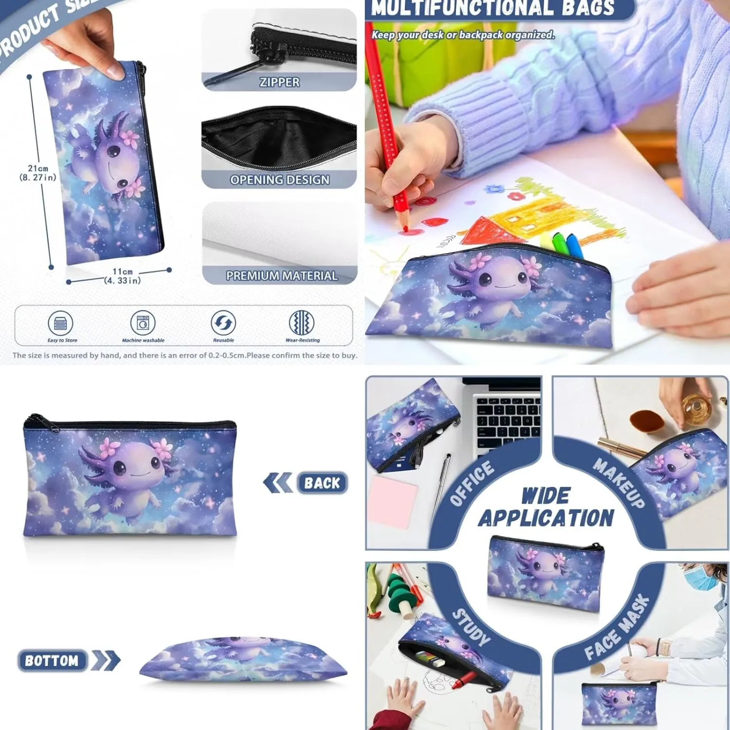 Galaxy Axolotl Kawaii Backpack for School Girls 5th Grade Portable Girls Bookbag with Lunch Box and Pencil Case 4 Pcs Set Backpacks for Middle School Shoulder Bags for Sports Travel
