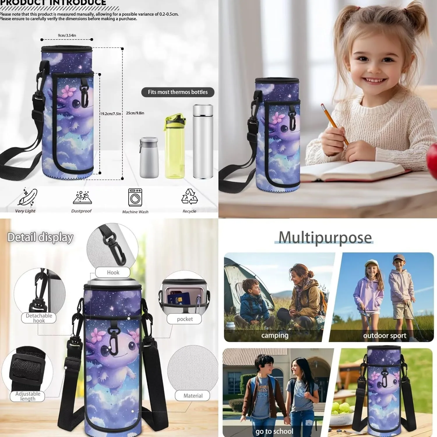 Galaxy Axolotl Kawaii Backpack for School Girls 5th Grade Portable Girls Bookbag with Lunch Box and Pencil Case 4 Pcs Set Backpacks for Middle School Shoulder Bags for Sports Travel