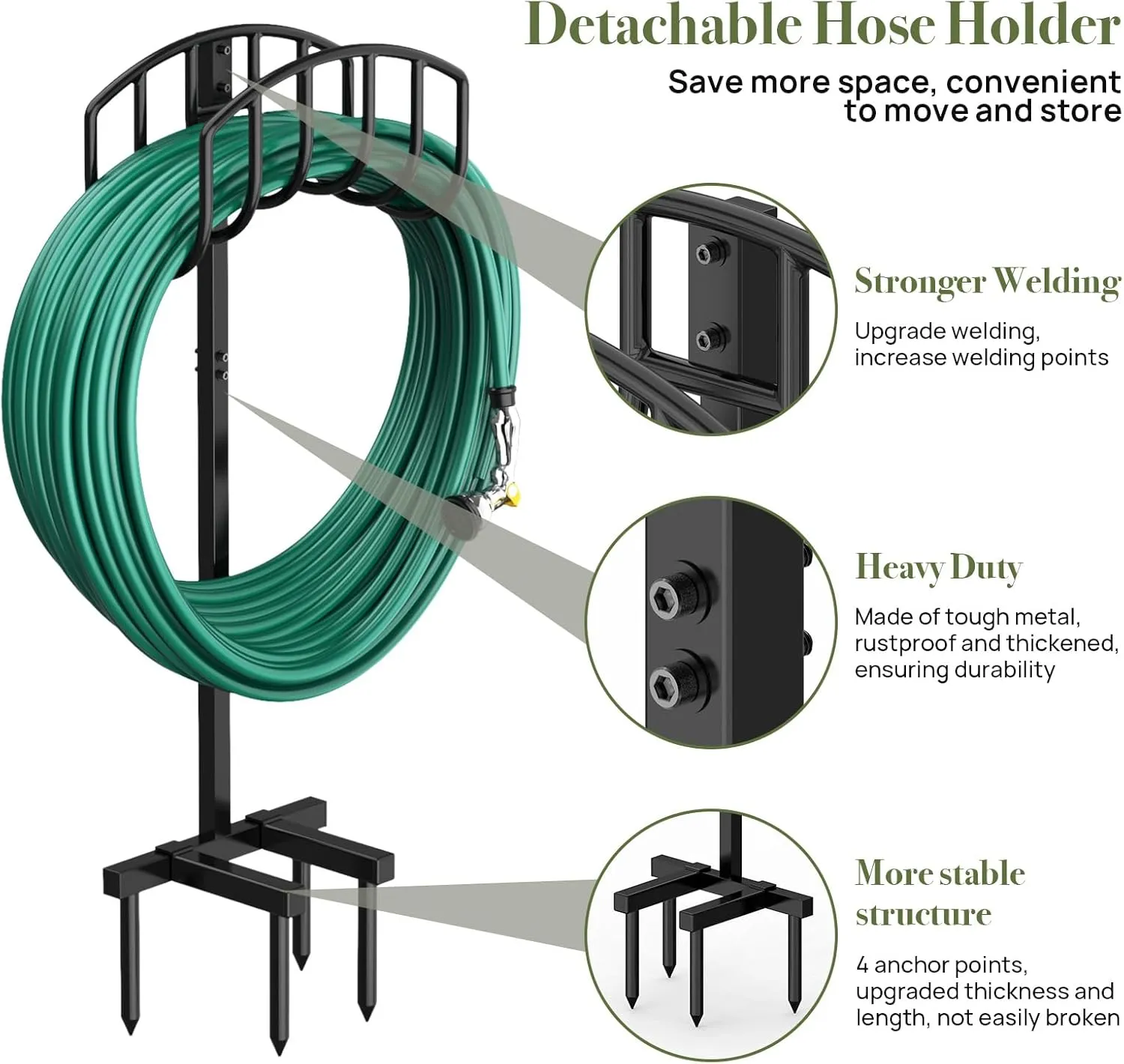 Garden Hose Holder Detachable Heavy Duty Metal Water Hose Hanger, Freestanding Hose Storage Stand Rack for Outside (Black)