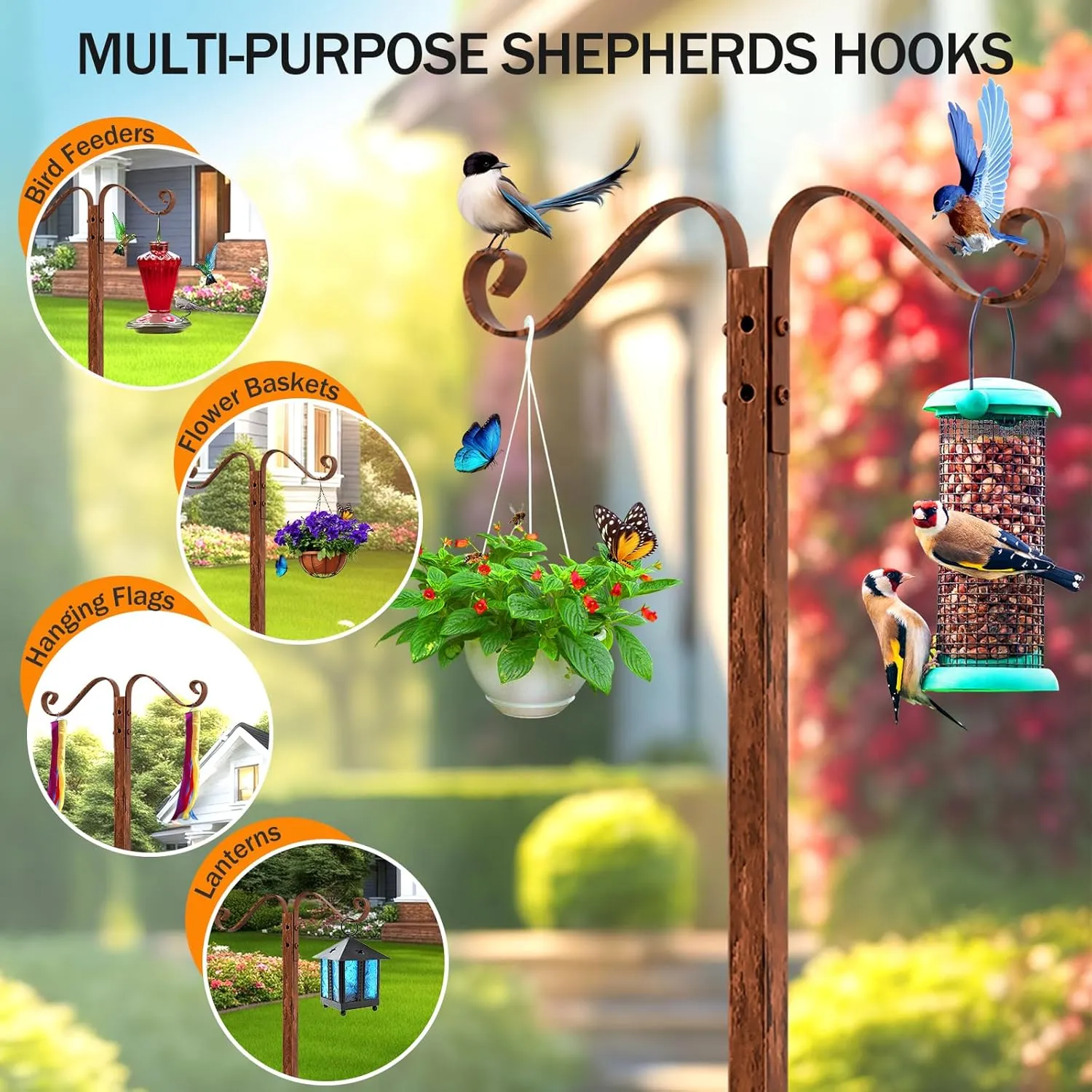 Garden Hose Holder - Upgraded Water Hose Holders for Outside with 5 Spikes & 2 Shepherds Hooks, Freestanding Hose Stand Hose Hanger Hose Storage Hose Reel Rack for Yard Lawn(Antique Bronze)