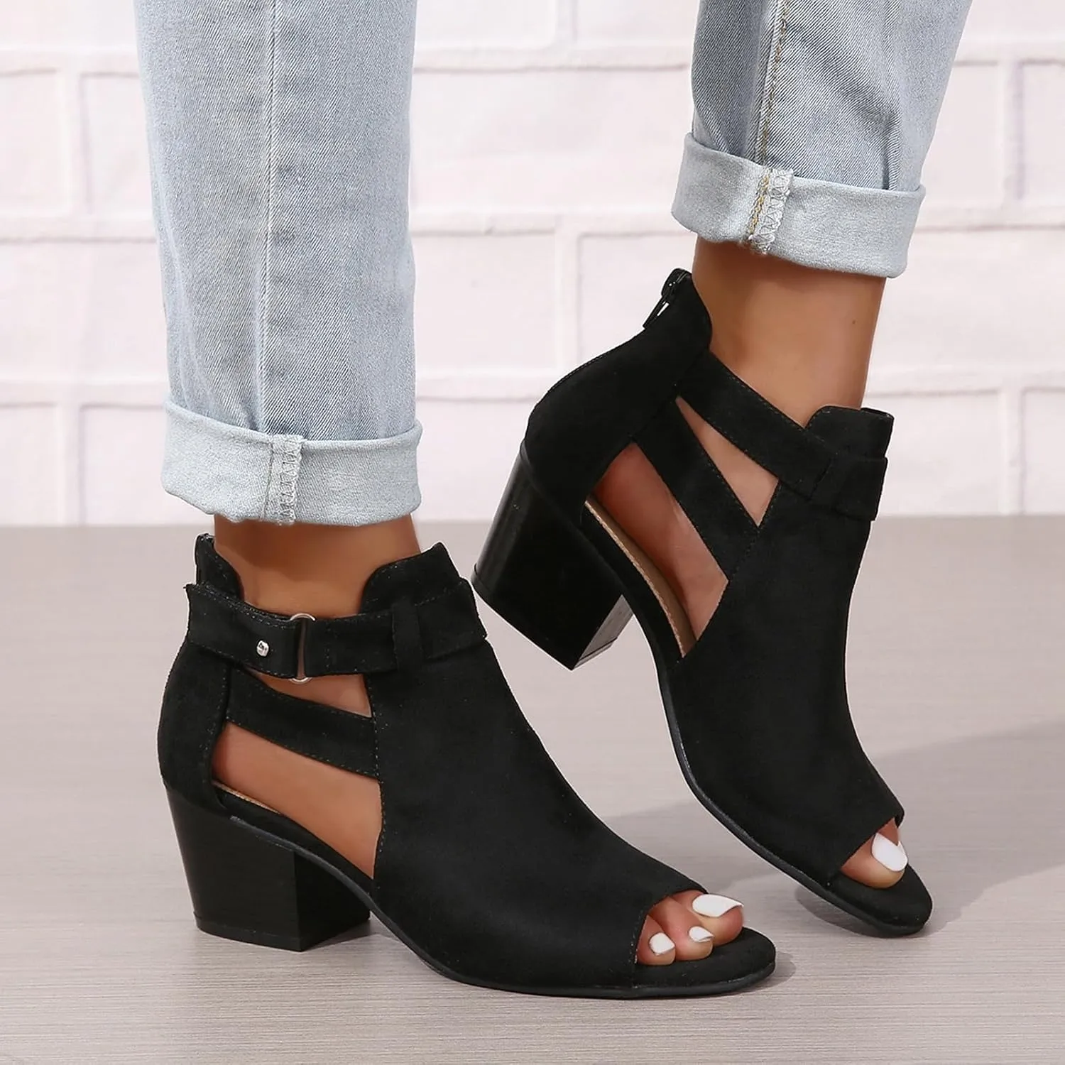 Generic Womens Peep Toe Ankle Booties Chunky Heels Suede Side Cutout Back Zipper Sandals Ankle Strap Dressy Sandals