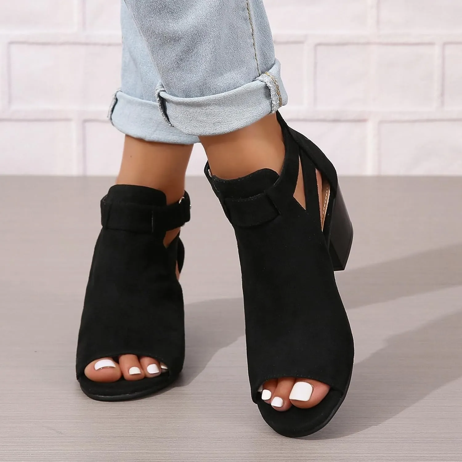 Generic Womens Peep Toe Ankle Booties Chunky Heels Suede Side Cutout Back Zipper Sandals Ankle Strap Dressy Sandals