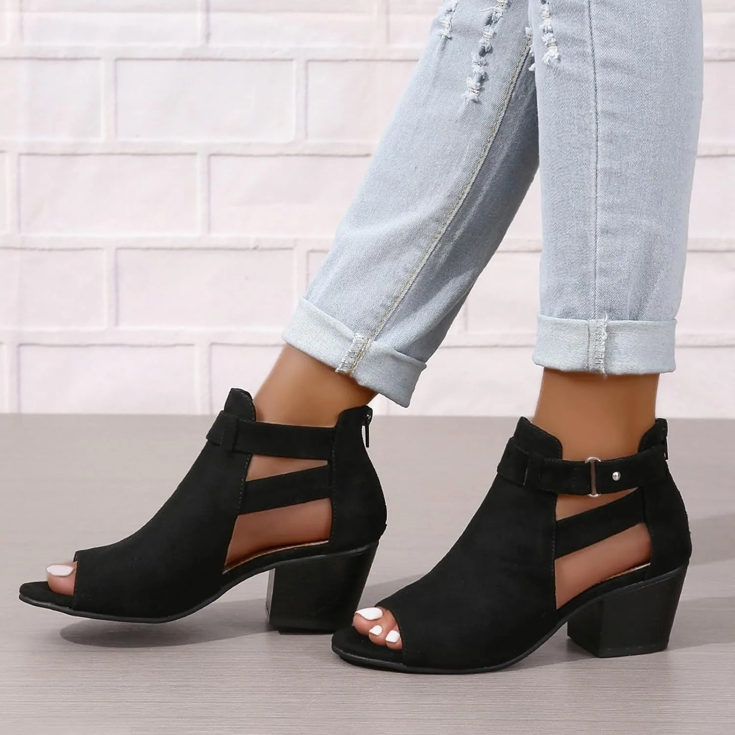 Generic Womens Peep Toe Ankle Booties Chunky Heels Suede Side Cutout Back Zipper Sandals Ankle Strap Dressy Sandals