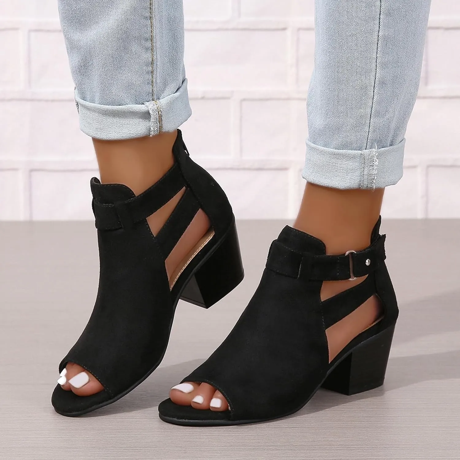 Generic Womens Peep Toe Ankle Booties Chunky Heels Suede Side Cutout Back Zipper Sandals Ankle Strap Dressy Sandals