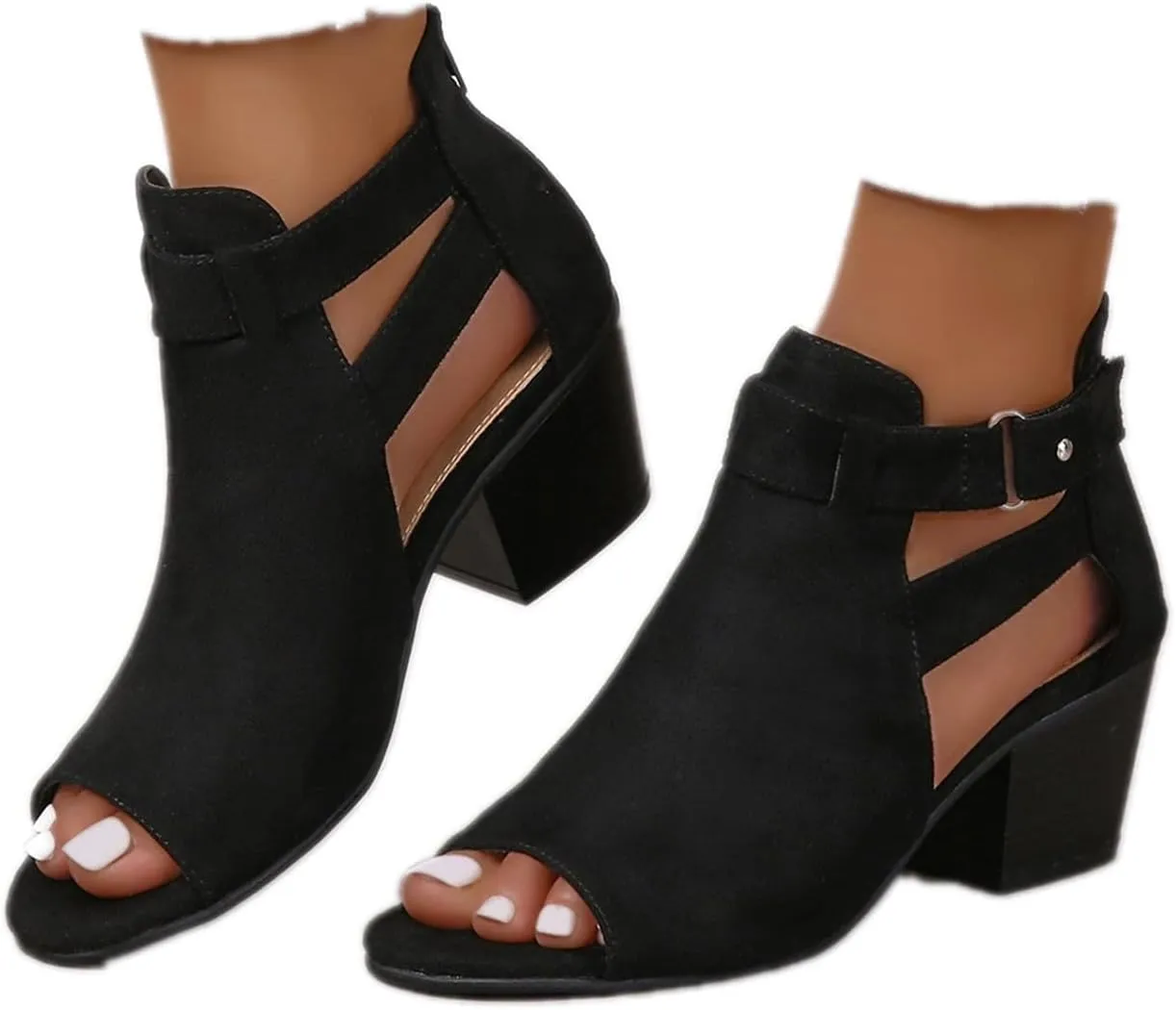 Generic Womens Peep Toe Ankle Booties Chunky Heels Suede Side Cutout Back Zipper Sandals Ankle Strap Dressy Sandals