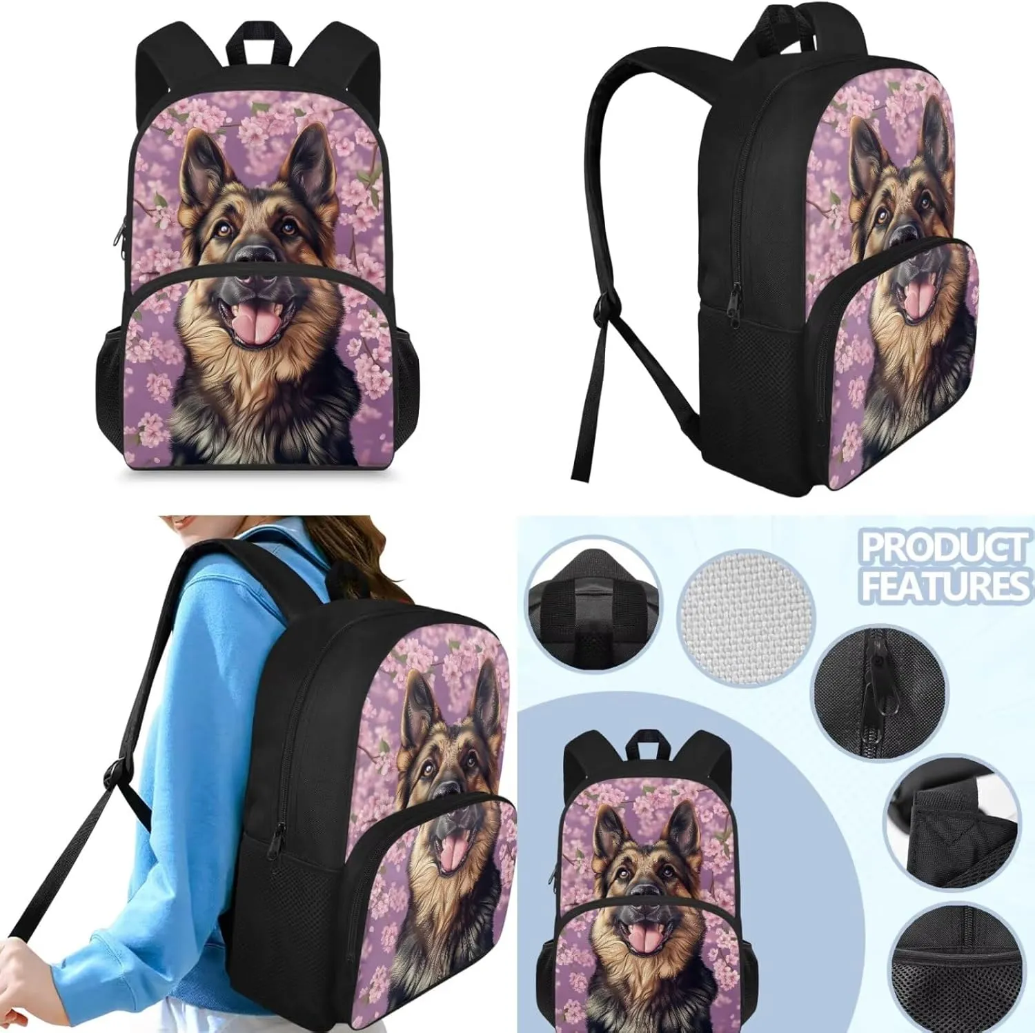 German Shepherd Backpack with Lunch Box Set for Teen 10-12/8-12 Dog Elementary School Bookbags for 6th Grade Girls Back Pack Cherry Blossom Book Bags Lunchbox Pencil Case Middle Schoolbag