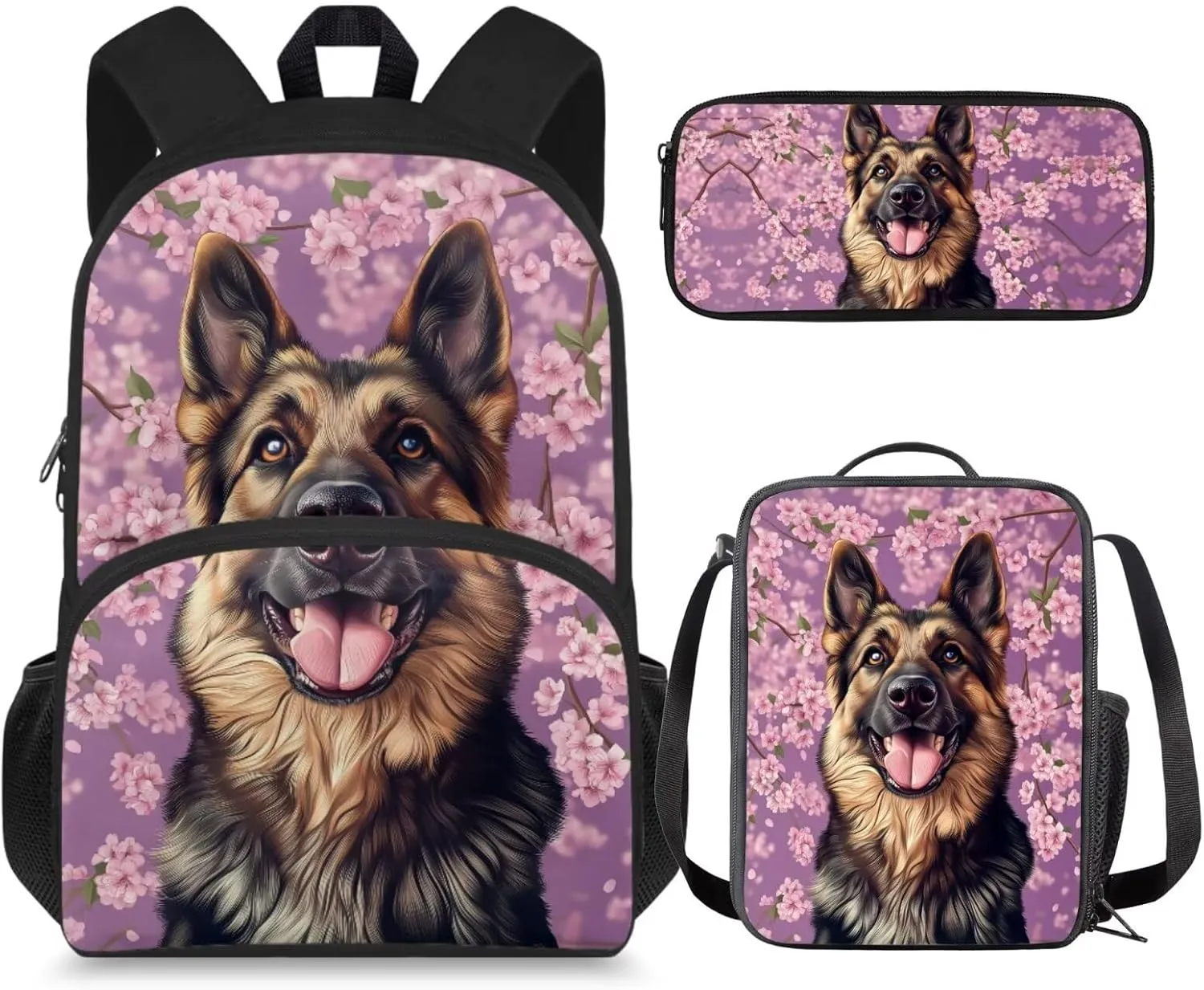 German Shepherd Backpack with Lunch Box Set for Teen 10-12/8-12 Dog Elementary School Bookbags for 6th Grade Girls Back Pack Cherry Blossom Book Bags Lunchbox Pencil Case Middle Schoolbag