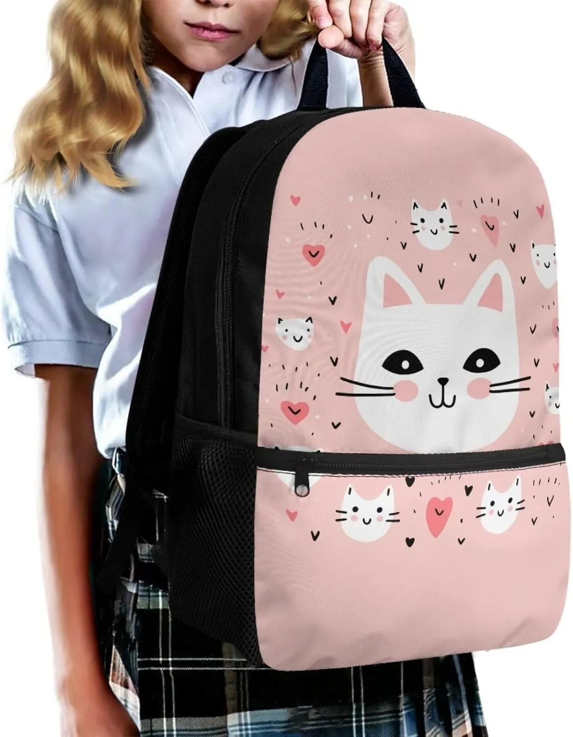 Girls School Backpack Cute Cat Bookbag for 5-19 Years Kids School Bags for Preschool Child Book Bags for 4Th 5Th Boys Daypack for Back to School Gifts,Large