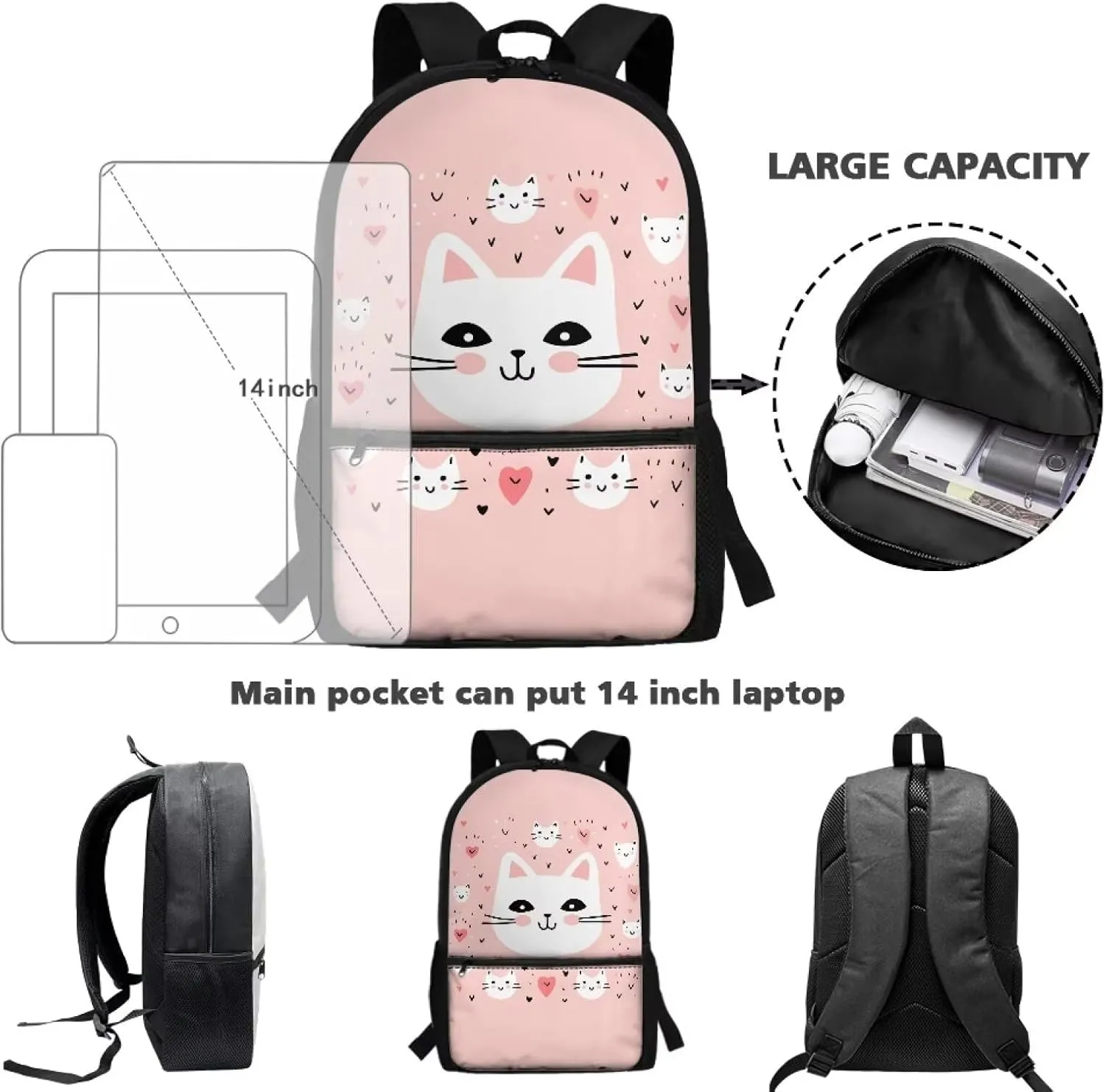 Girls School Backpack Cute Cat Bookbag for 5-19 Years Kids School Bags for Preschool Child Book Bags for 4Th 5Th Boys Daypack for Back to School Gifts,Large