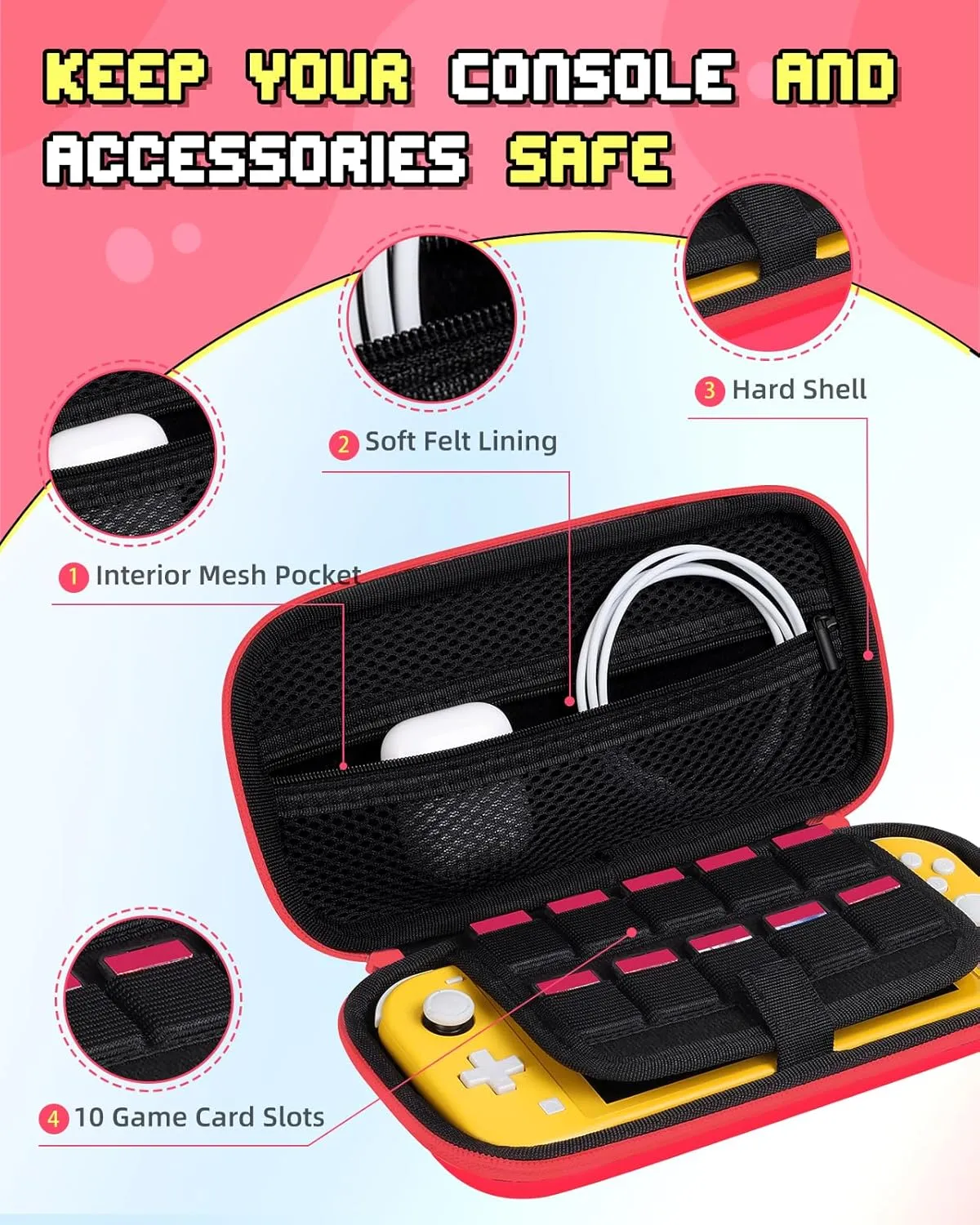 GKV for Nintendo Switch Lite 2019 Carrying Case - Cute Travel Carry Cases for Teen Boys Girls Funny Cartoon Portable Hard Shell Covers Pouch Storage Bag for Nintendo Accessories, Red Mali