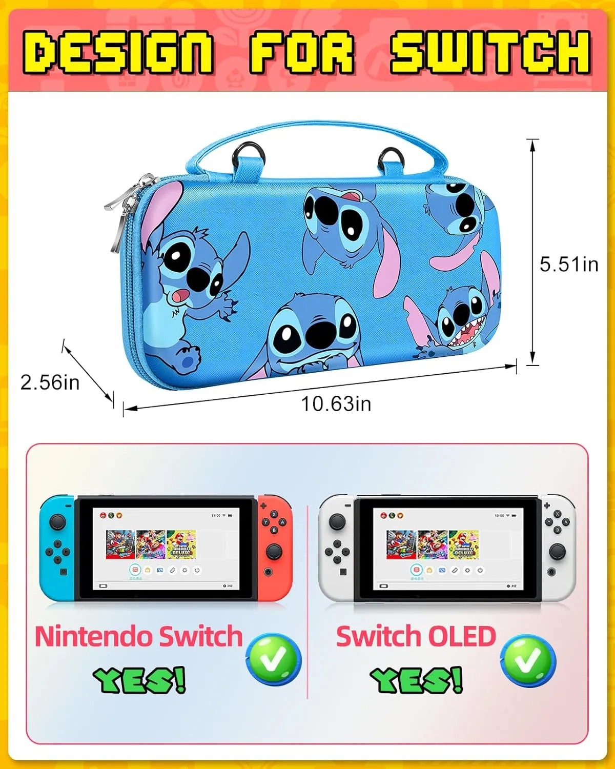 GKV for Nintendo Switch/Switch OLED Cute Carrying Case - Travel Carry Cases for Teen Boys Girls Funny Cartoon Portable Hard Shell Covers Pouch Storage Bag for Nintendo Accessories, Blue Stit