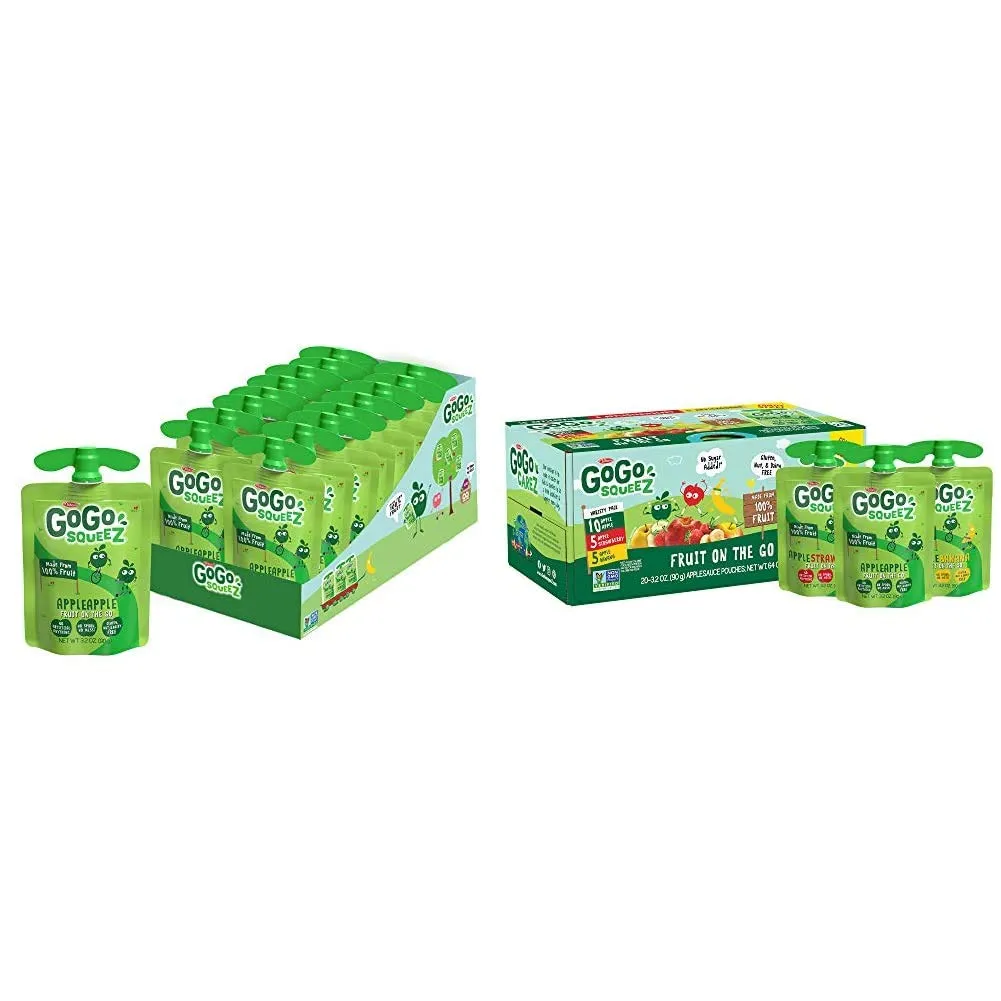 GoGo squeeZ Fruit on the Go, Apple Apple, Banana & Strawberry Variety Pack (3.2 oz, Pack of 20), Unsweetened Snacks for Kids