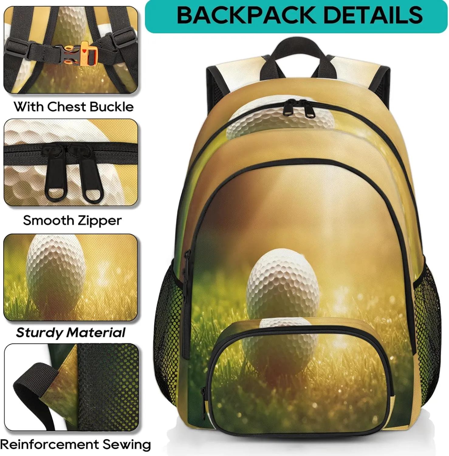 Golf Sport Print 16.7 Inch Backpack Waterproof Shoulder Bag with Adjustable Strap Casual Hiking Gym Travel Daypack