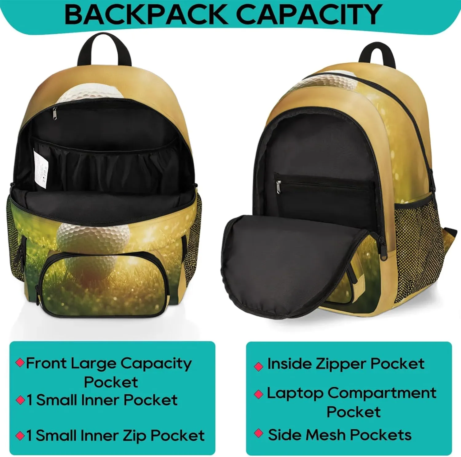Golf Sport Print 16.7 Inch Backpack Waterproof Shoulder Bag with Adjustable Strap Casual Hiking Gym Travel Daypack