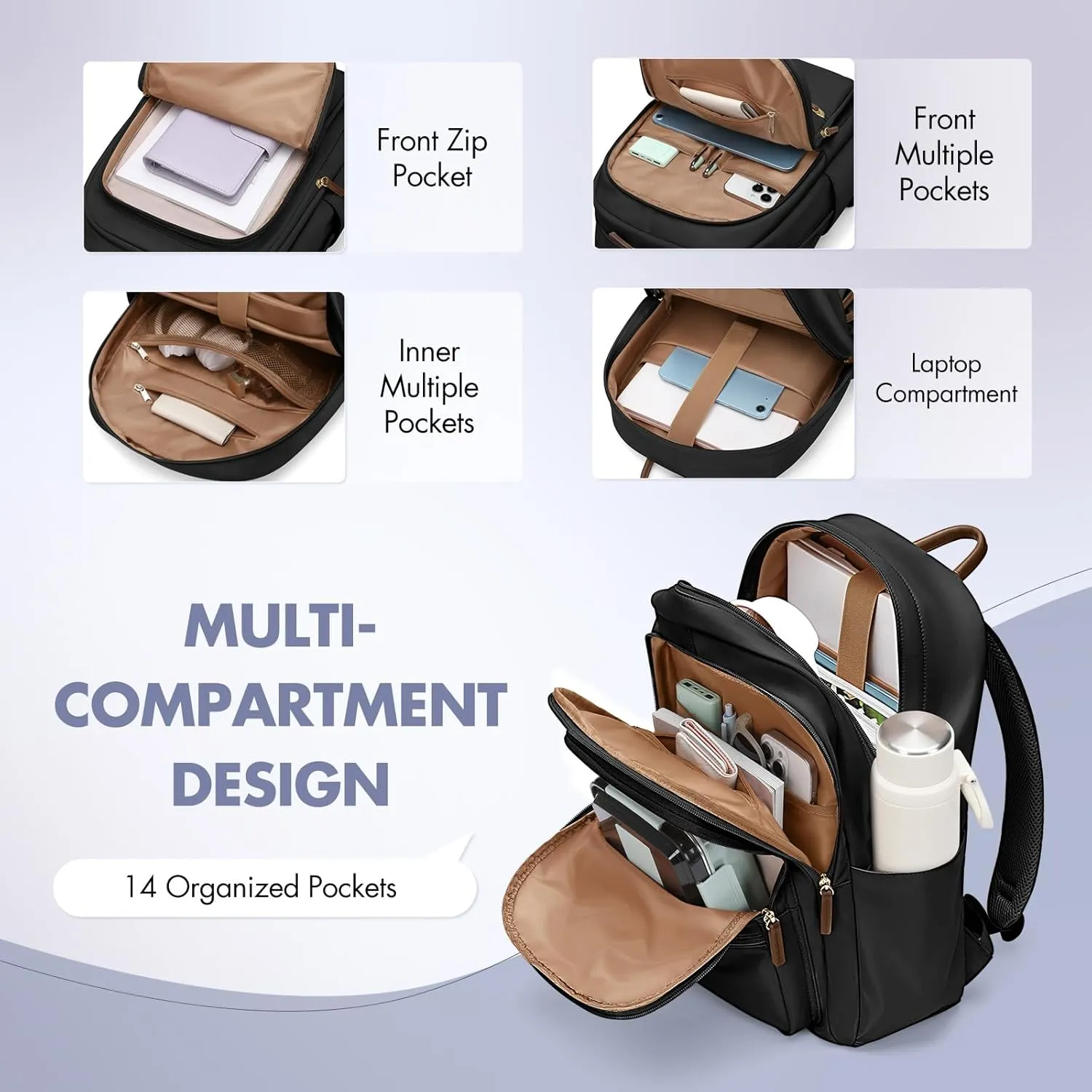 GOLF SUPAGS Backpack for Women Work College Travel Laptop Backpacks Multi-Functional Casual Daypack Teacher Nurse Everyday Bags Fits 15.6 Inch Notebook (Black)