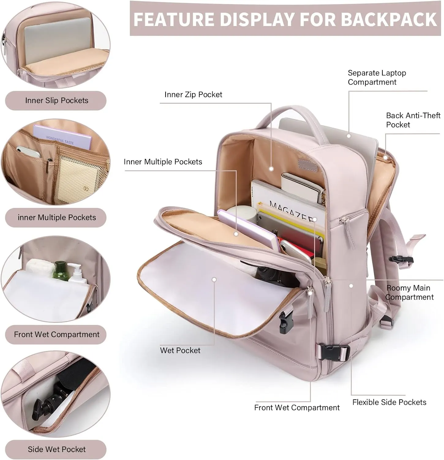 GOLF SUPAGS Laptop Backpack with Separate Laptop Compartment Fits 15.6 Inch Notebook Large Capacity Computer Bag for Women Work Travel College Backpacks (Pink)