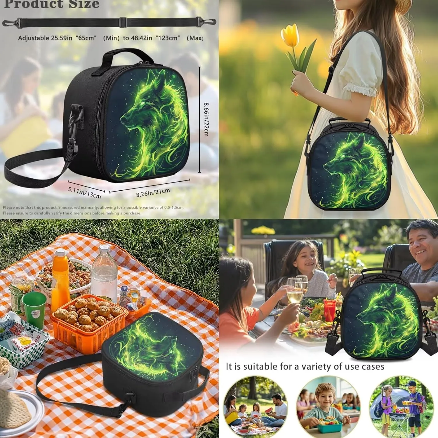 Green Wolf Backpacks for Teen Boys Kids Schoolbags with Lunch Box Pencil Case Bottle Sleeve Cool Backpack for Elementary School Boys Lightweight Bookbag for Hiking Travel Daypack