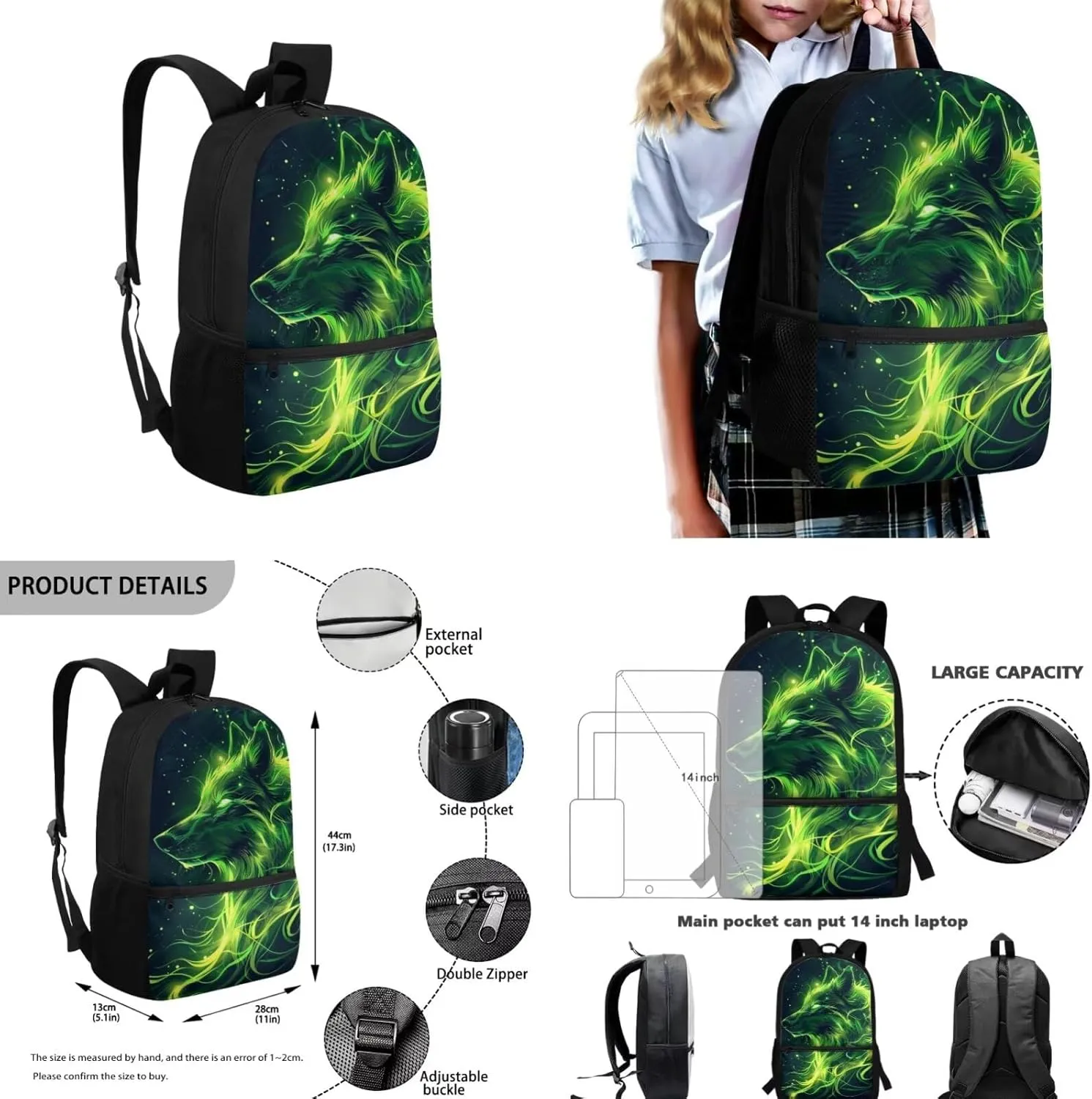 Green Wolf Backpacks for Teen Boys Kids Schoolbags with Lunch Box Pencil Case Bottle Sleeve Cool Backpack for Elementary School Boys Lightweight Bookbag for Hiking Travel Daypack