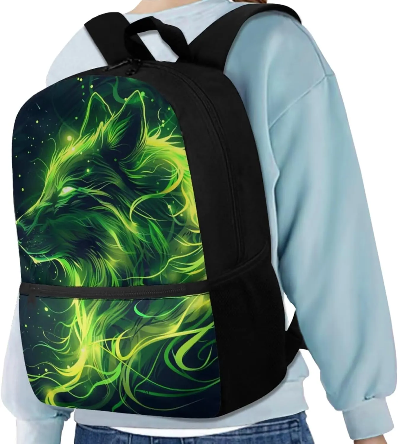 Green Wolf Backpacks for Teen Boys Kids Schoolbags with Lunch Box Pencil Case Bottle Sleeve Cool Backpack for Elementary School Boys Lightweight Bookbag for Hiking Travel Daypack