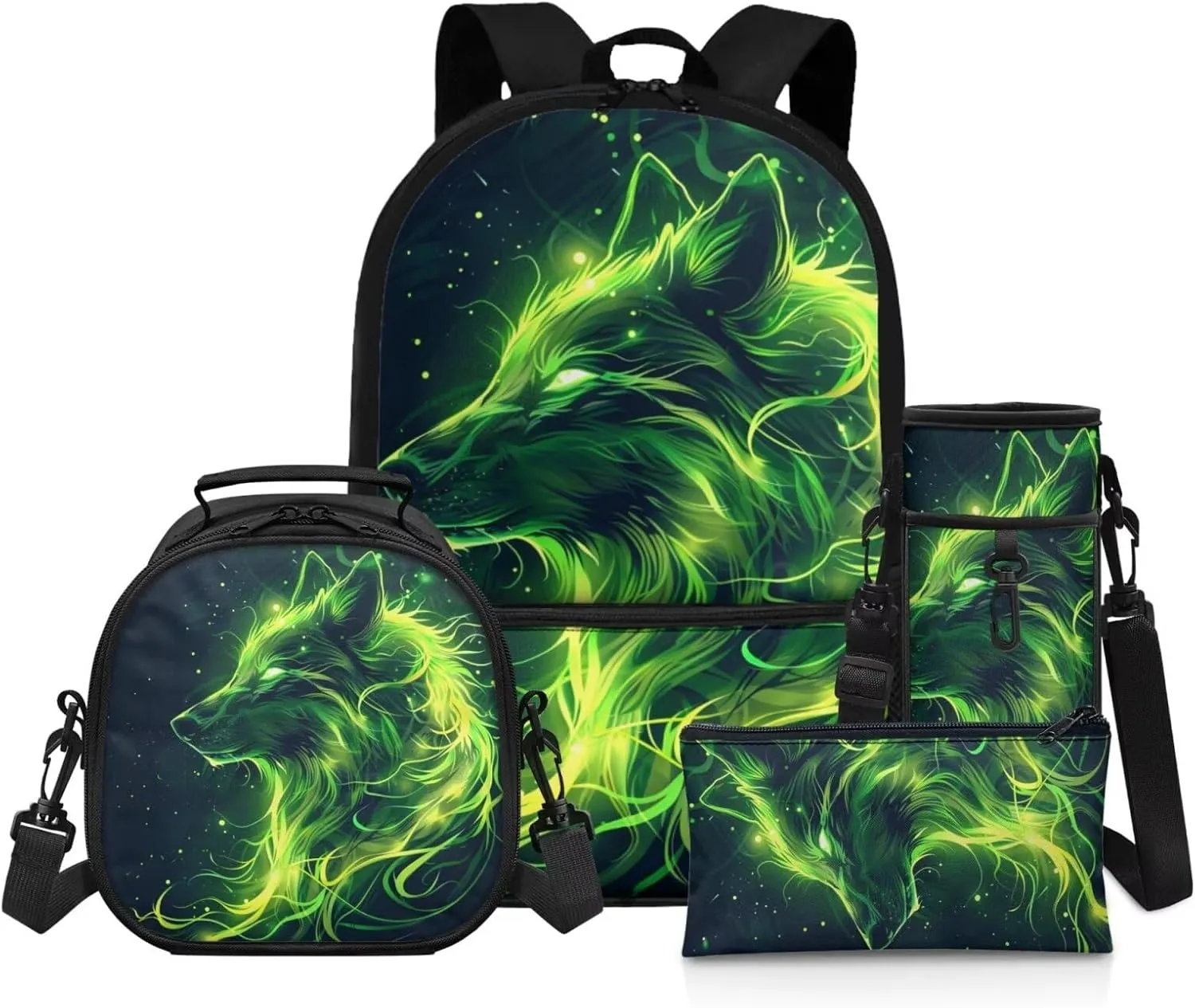 Green Wolf Backpacks for Teen Boys Kids Schoolbags with Lunch Box Pencil Case Bottle Sleeve Cool Backpack for Elementary School Boys Lightweight Bookbag for Hiking Travel Daypack