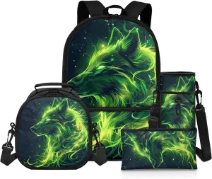 Green Wolf Backpacks for Teen Boys Kids Schoolbags with Lunch Box Pencil Case Bottle Sleeve Cool Backpack for Elementary School Boys Lightweight Bookbag for Hiking Travel Daypack