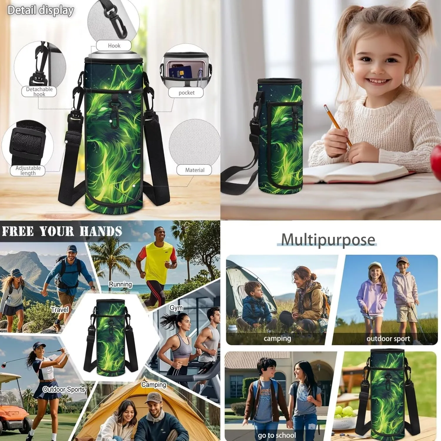 Green Wolf Backpacks for Teen Boys Kids Schoolbags with Lunch Box Pencil Case Bottle Sleeve Cool Backpack for Elementary School Boys Lightweight Bookbag for Hiking Travel Daypack