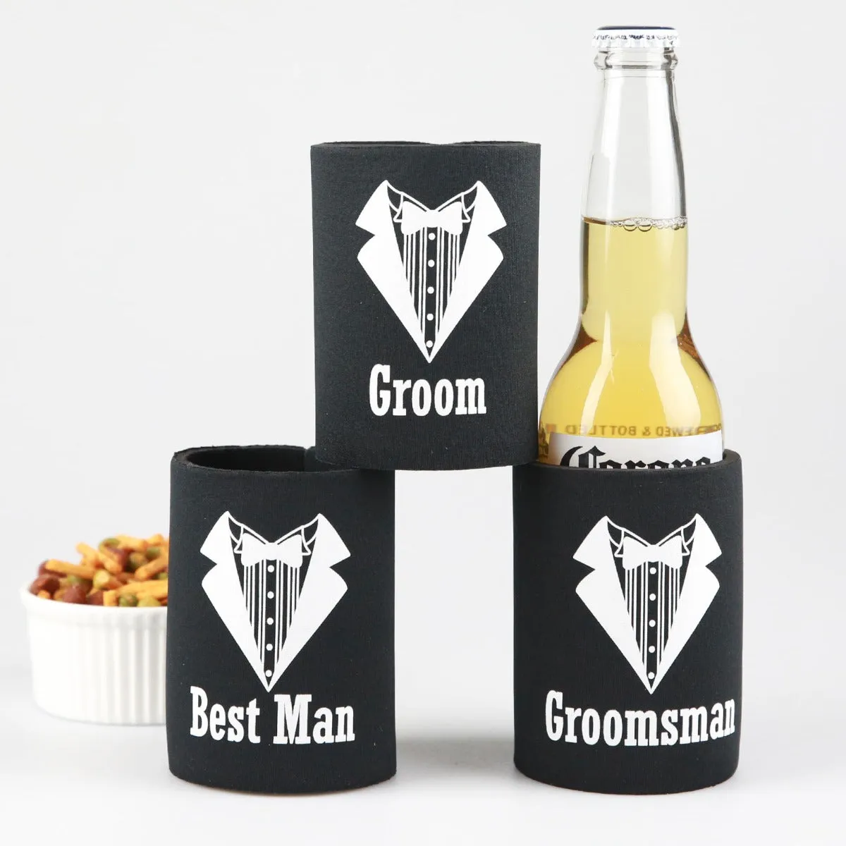 Groom, Best Man and Groomsman Printed Black Stubby Holders