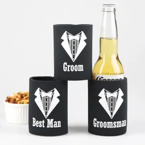 Groom, Best Man and Groomsman Printed Black Stubby Holders