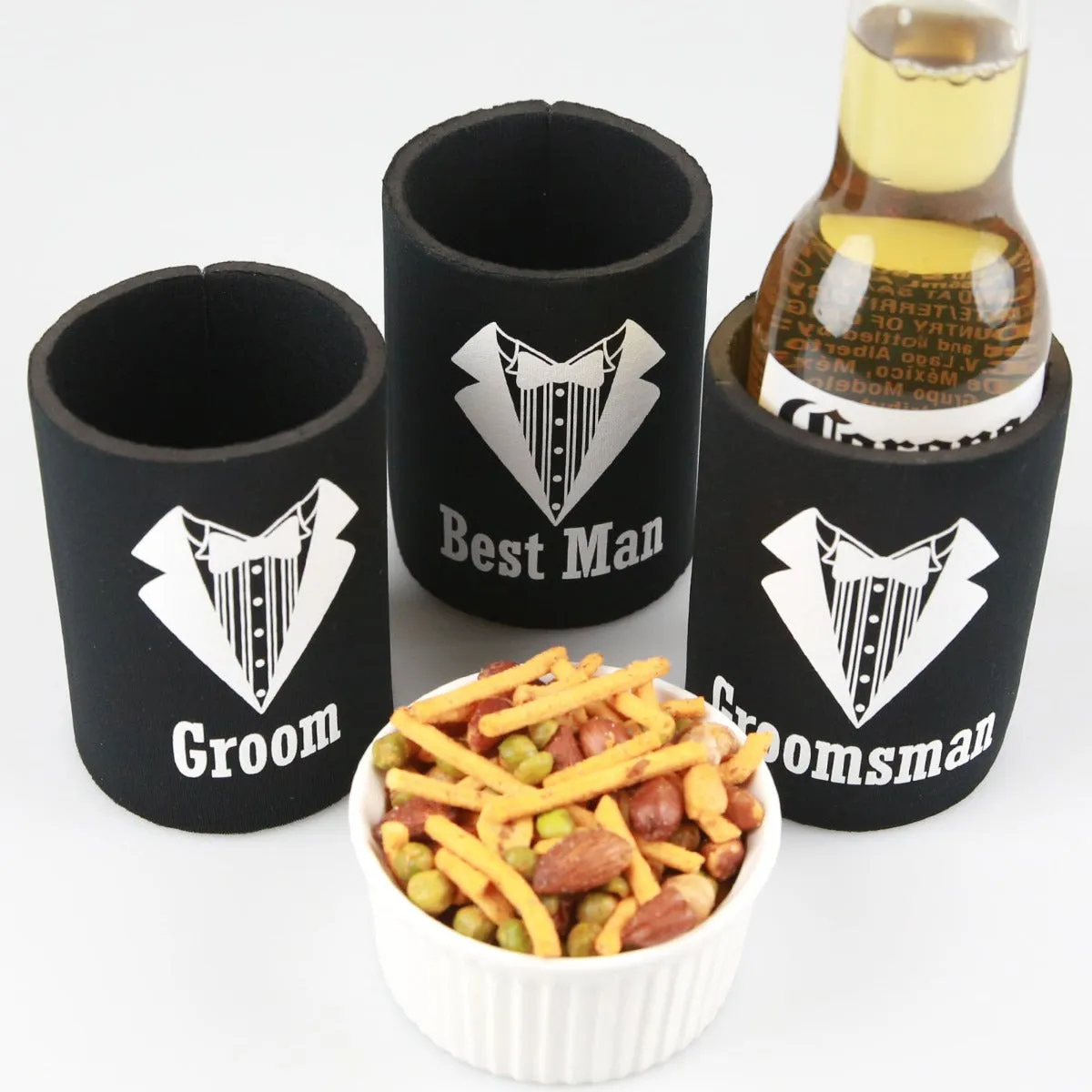 Groom, Best Man and Groomsman Printed Black Stubby Holders