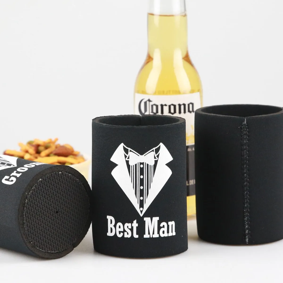 Groom, Best Man and Groomsman Printed Black Stubby Holders