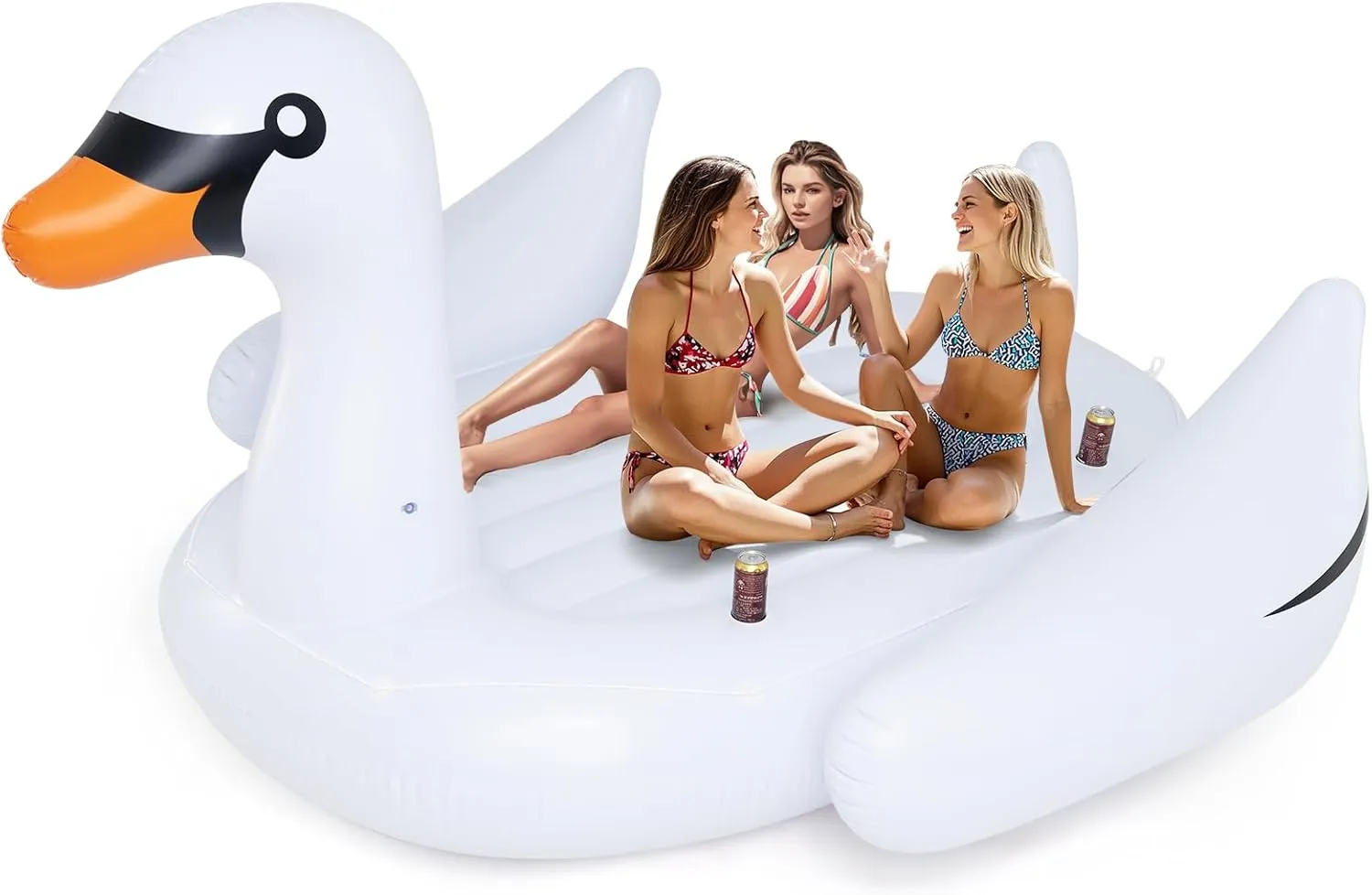 GYMAX Pool Float, 4 Person Inflatable Floating Swan Island with Built-in Cup Holders, Electric Pump & Mooring Rope, Tanning Pool Lounger Raft for Adults, Lake, Beach, River