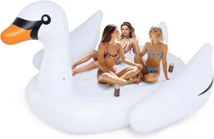GYMAX Pool Float, 4 Person Inflatable Floating Swan Island with Built-in Cup Holders, Electric Pump & Mooring Rope, Tanning Pool Lounger Raft for Adults, Lake, Beach, River