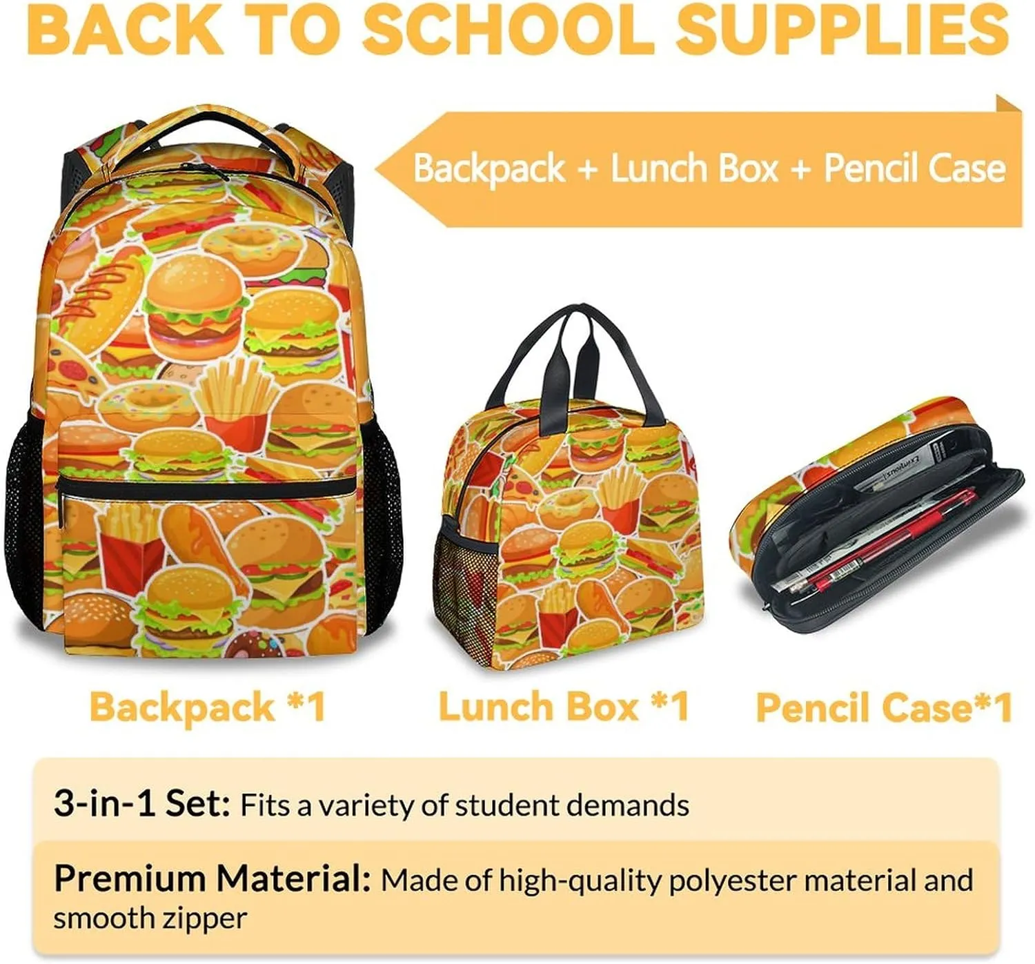 Hamburger Backpack with Lunch Box and Pencil Case Set, 3PCS Matching Kids Backpacks Combo, Cute Yellow Bookbag and Pencil Case Bundle