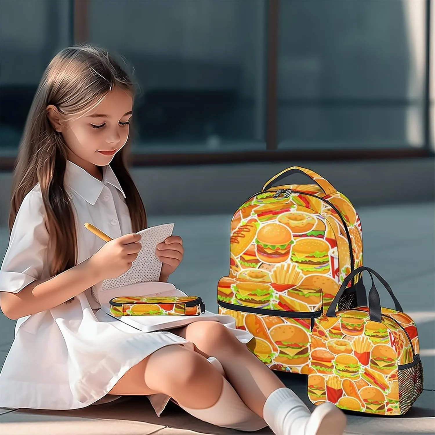 Hamburger Backpack with Lunch Box and Pencil Case Set, 3PCS Matching Kids Backpacks Combo, Cute Yellow Bookbag and Pencil Case Bundle