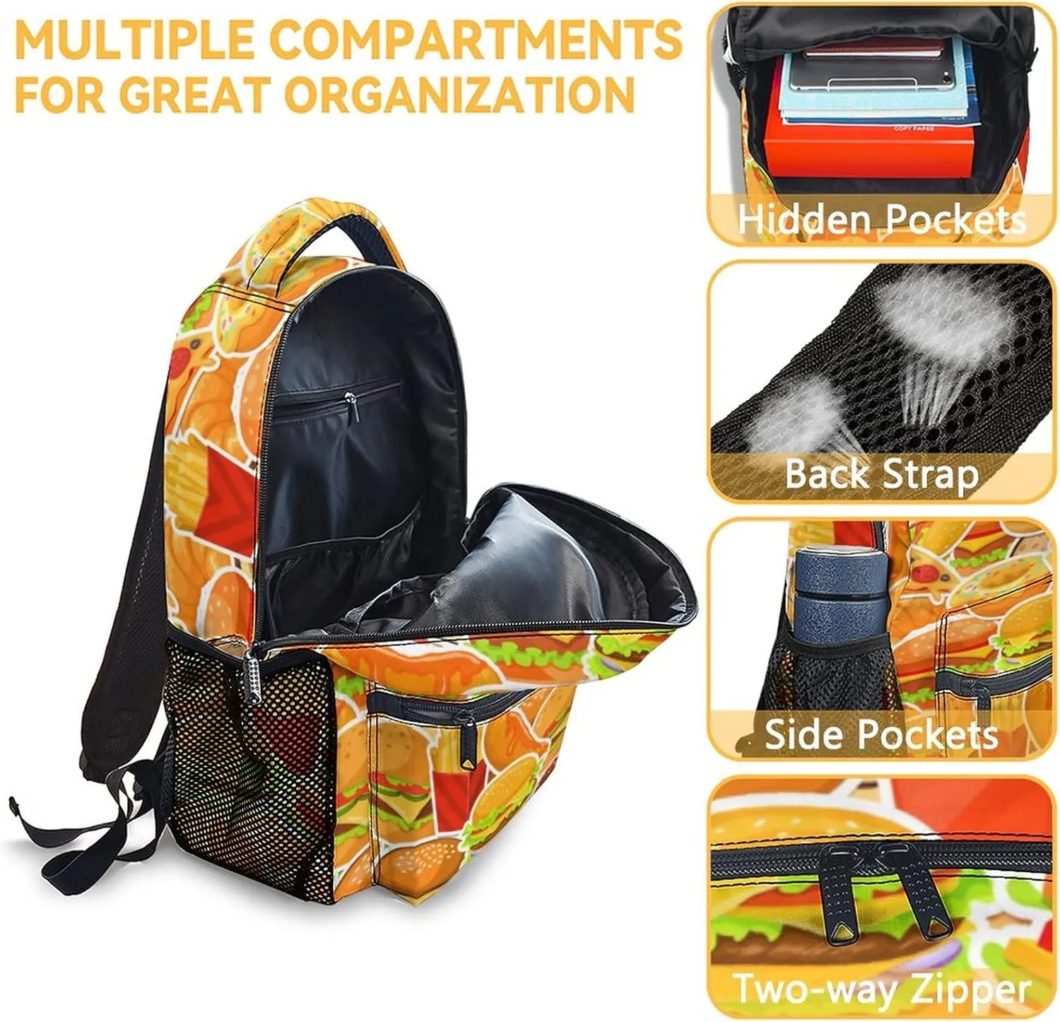 Hamburger Backpack with Lunch Box and Pencil Case Set, 3PCS Matching Kids Backpacks Combo, Cute Yellow Bookbag and Pencil Case Bundle