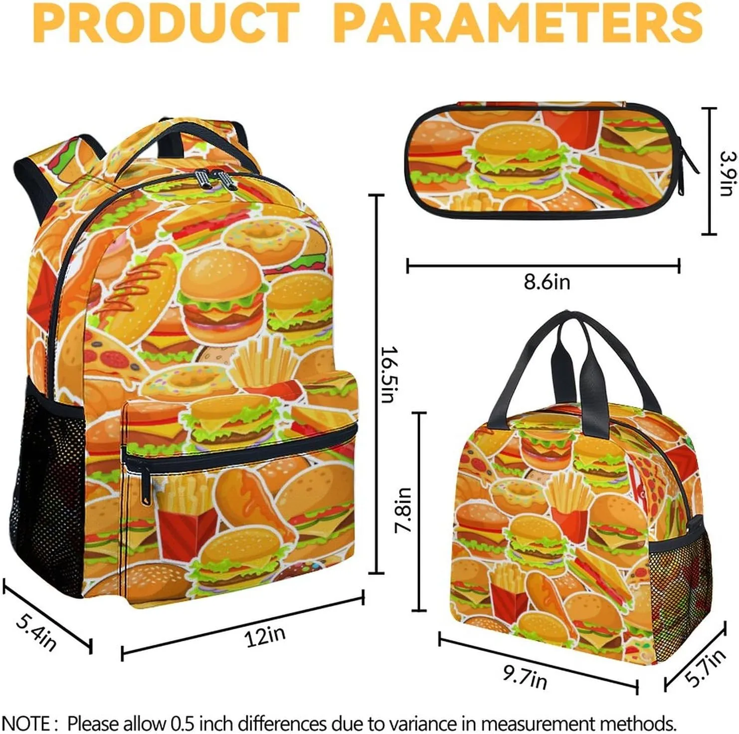 Hamburger Backpack with Lunch Box and Pencil Case Set, 3PCS Matching Kids Backpacks Combo, Cute Yellow Bookbag and Pencil Case Bundle