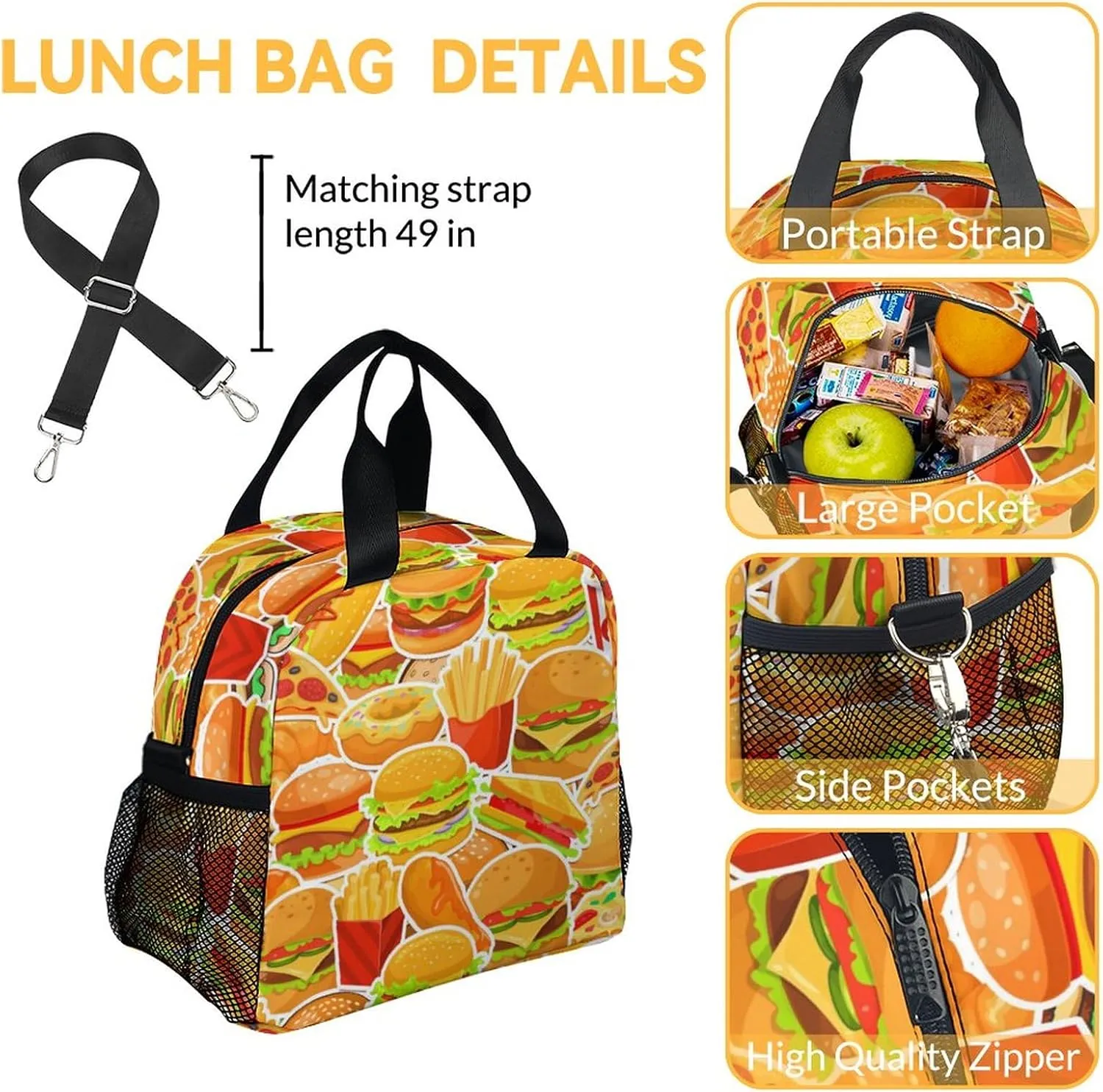 Hamburger Backpack with Lunch Box and Pencil Case Set, 3PCS Matching Kids Backpacks Combo, Cute Yellow Bookbag and Pencil Case Bundle