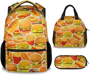 Hamburger Backpack with Lunch Box and Pencil Case Set, 3PCS Matching Kids Backpacks Combo, Cute Yellow Bookbag and Pencil Case Bundle