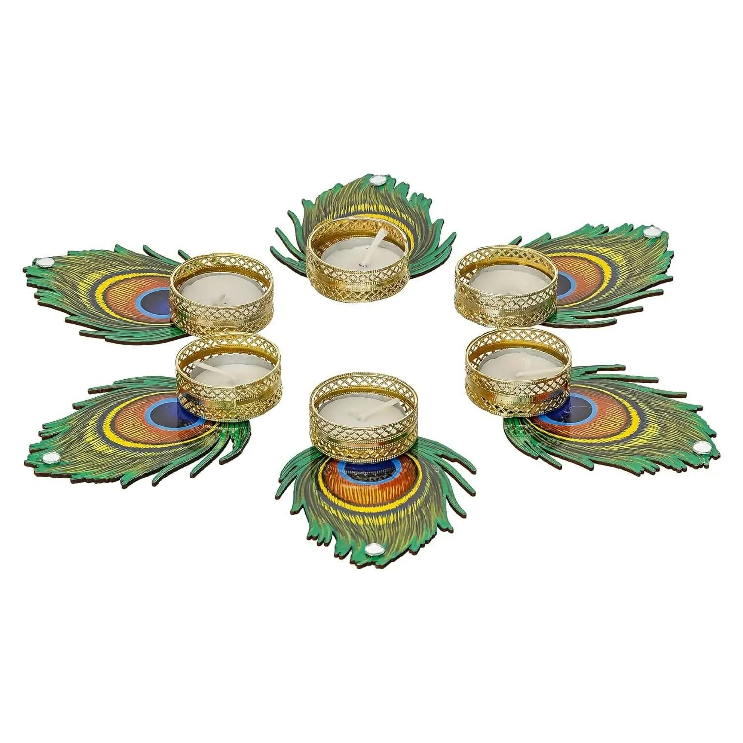 Handmade Mor Pankh Tealight Candle Holder for Diwali Decoration (Set of 6, 4.5 Inches)