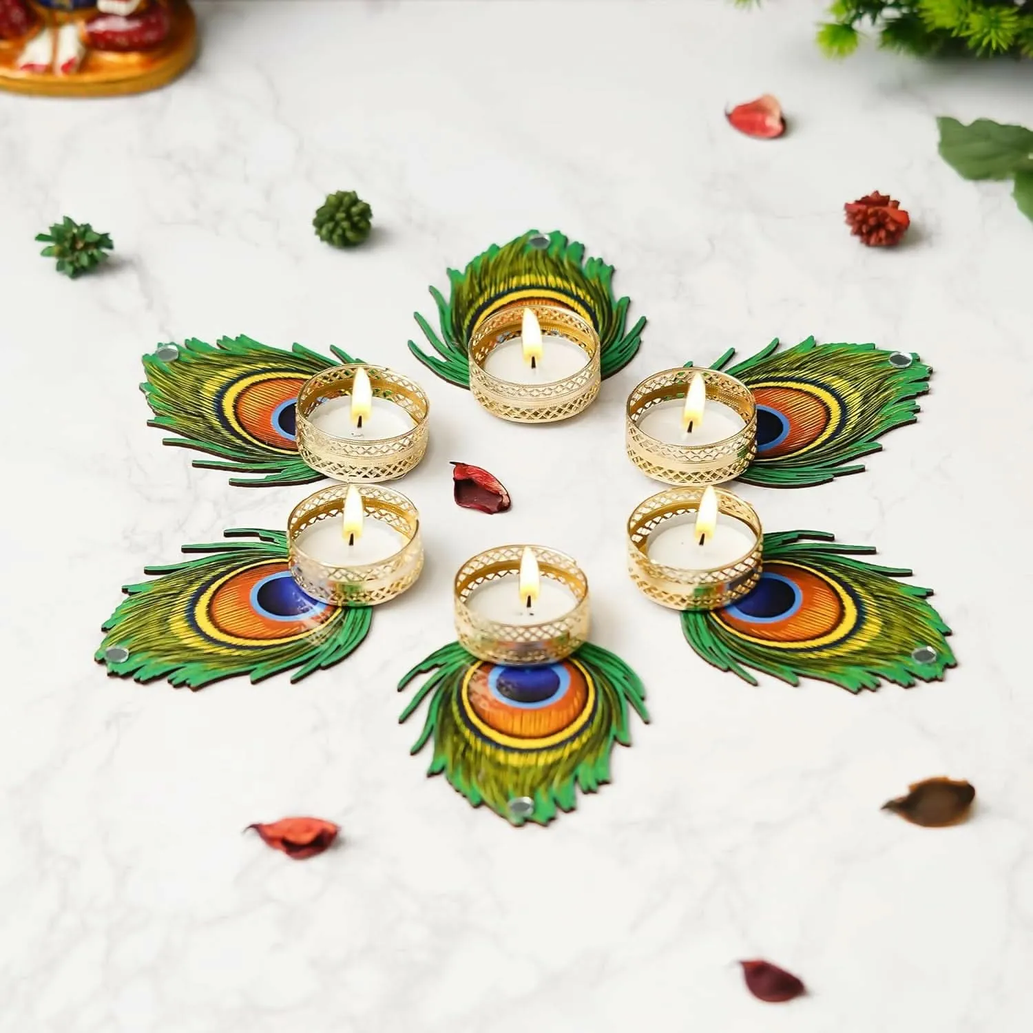 Handmade Mor Pankh Tealight Candle Holder for Diwali Decoration (Set of 6, 4.5 Inches)