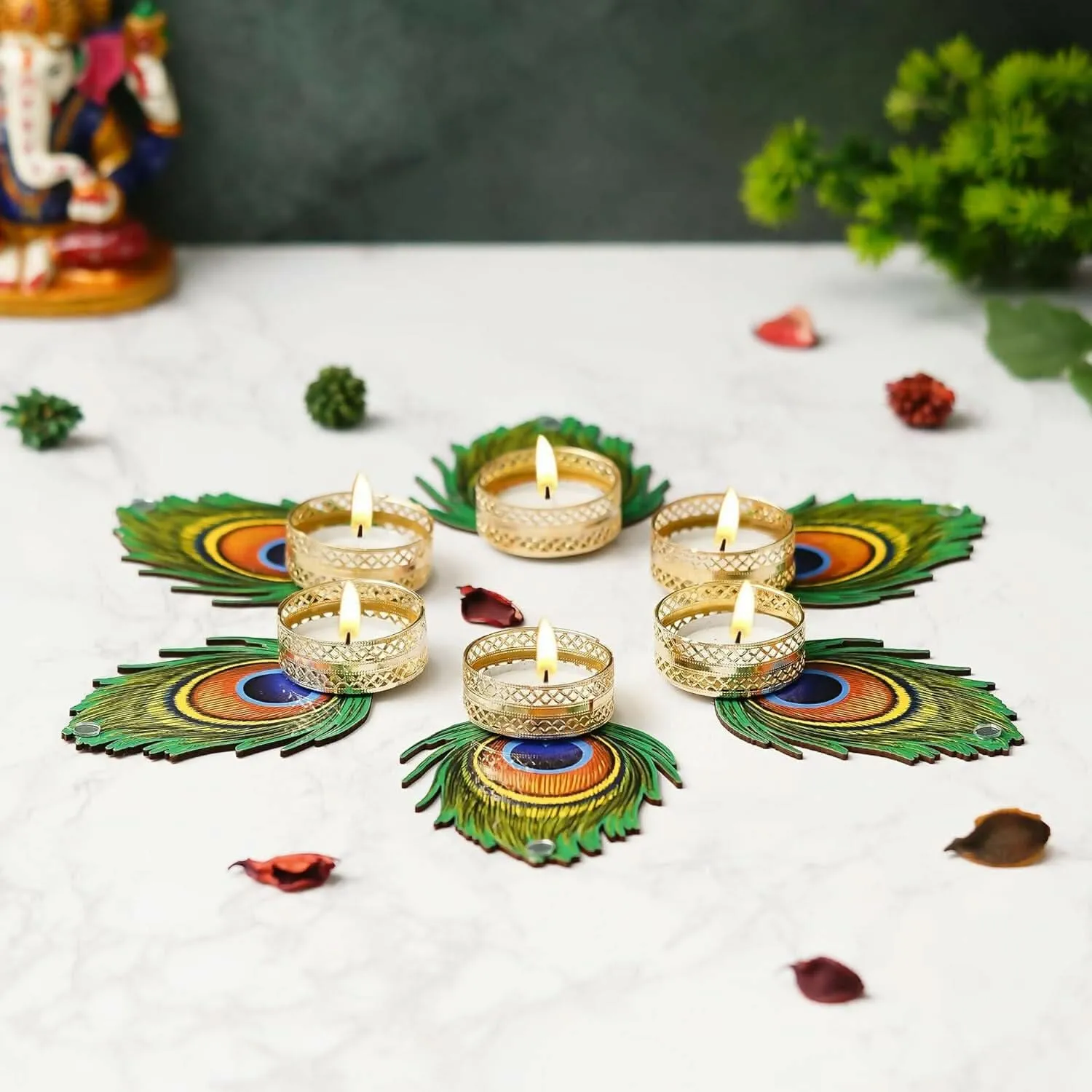 Handmade Mor Pankh Tealight Candle Holder for Diwali Decoration (Set of 6, 4.5 Inches)